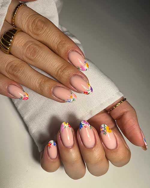 Almond flower French tip nails for spring 2023