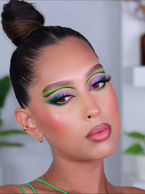 Colorful neon eyeshadow look with glossy nude lips for spring and summer 2023
