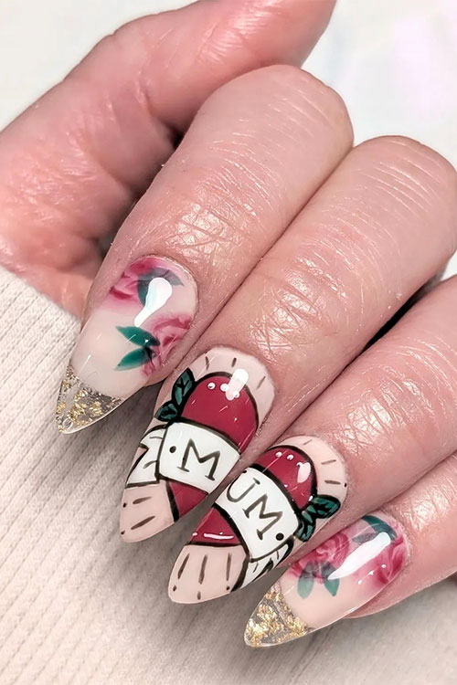Glossy nude Mothers Day nails feature a red heart shape with MUM letters and two floral accent nails with foil French tips