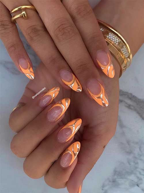 Long Almond Shaped Light Orange French Tips with Gold Waves