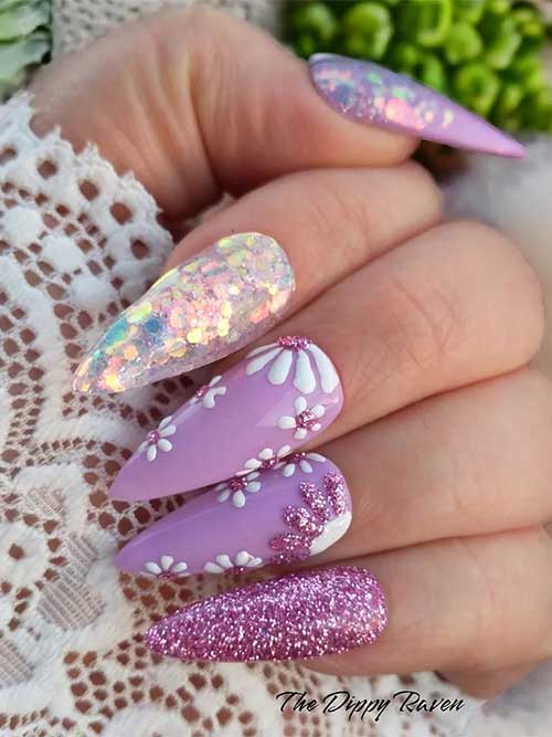 Long Almond Shaped Lilac Mother’s Day Nails with White Daisies and Glitter