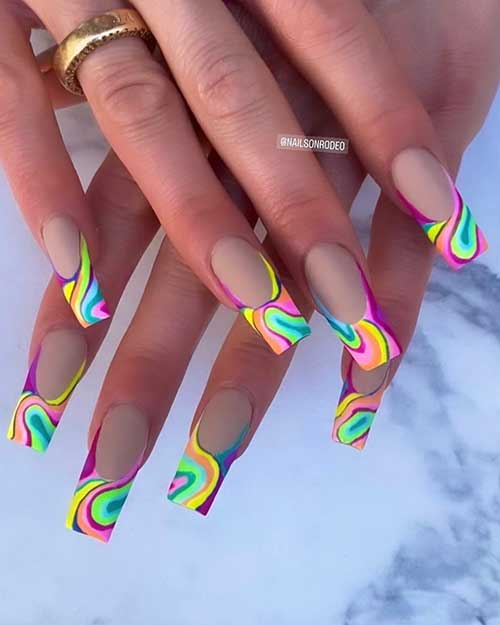 Long Square Shaped Matte Colorful Swirl French Tips