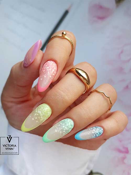 Long almond multicolored French tip Nails with Glitter