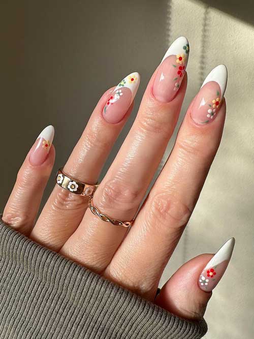 Long almond white classic French tip nails with flowers