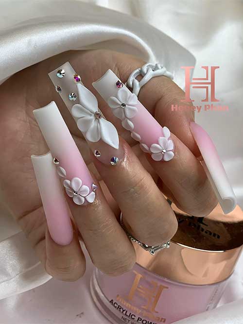 Long coffin French ombre nails with 3d floral nail art and rhinestones