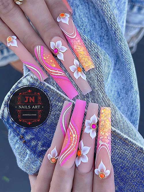 Long coffin pink and nude 3d flower nails with gold glitter, rhinestones, and swirl nail art