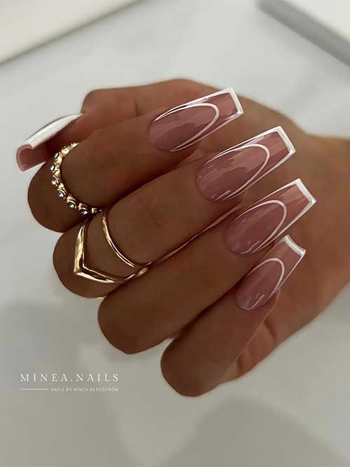 Long coffin shaped white negative space French tip nails