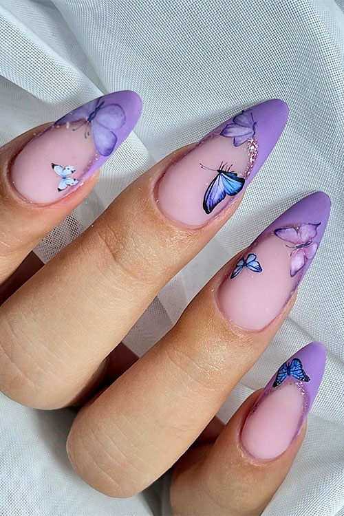 Long Almond-Shaped Matte Purple French Tip Nails with Butterflies and Glitter Outlines