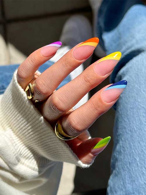 Medium almond side multicolored French tip Nails for summertime