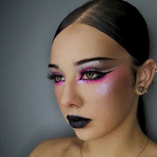 Neon Pink Eyeshadow with Highlighter and Black Lips