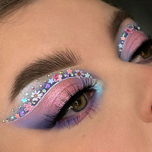 Pastel Glitter Makeup Look with Flowers