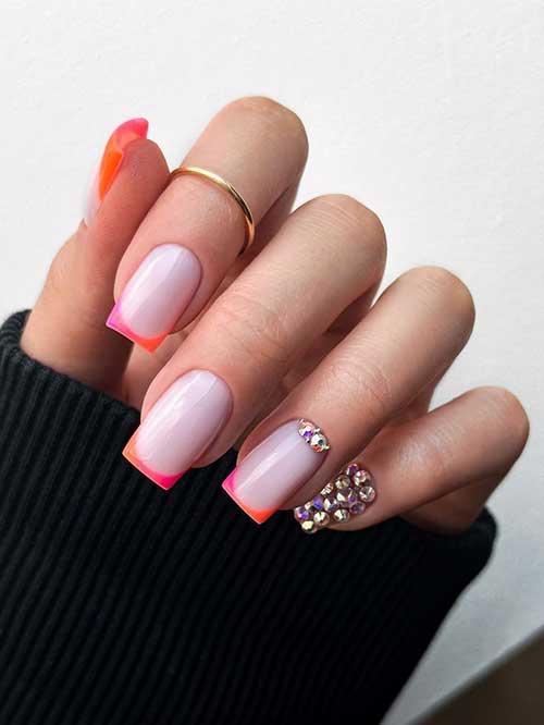 Short Pink Orange Ombre French nails with rhinestones are perfect two toned ombre French tip nails for summer 2023