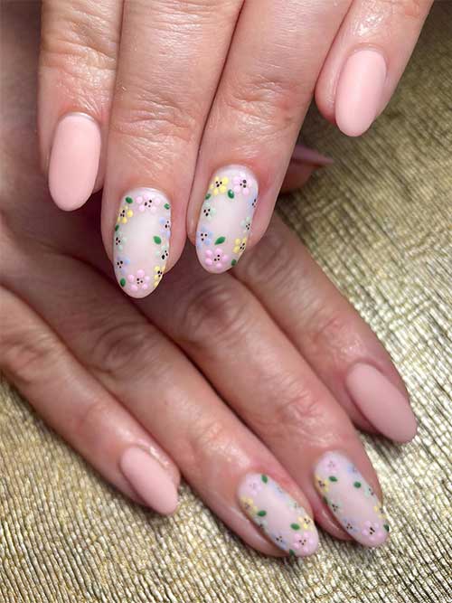 Pretty floral matte nude pink mother's day nail design