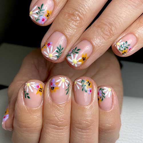 Short Floral Mother's Day Nails on Nude Base Color