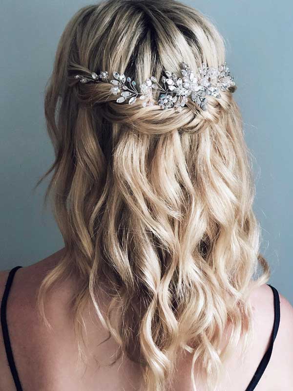 Beachy boho bridal hair half up with rope twists using Bumble and Bumble Surf Spray