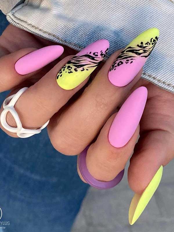 Long almond matte Pink and Yellow Nails with animal prints on two accent nails