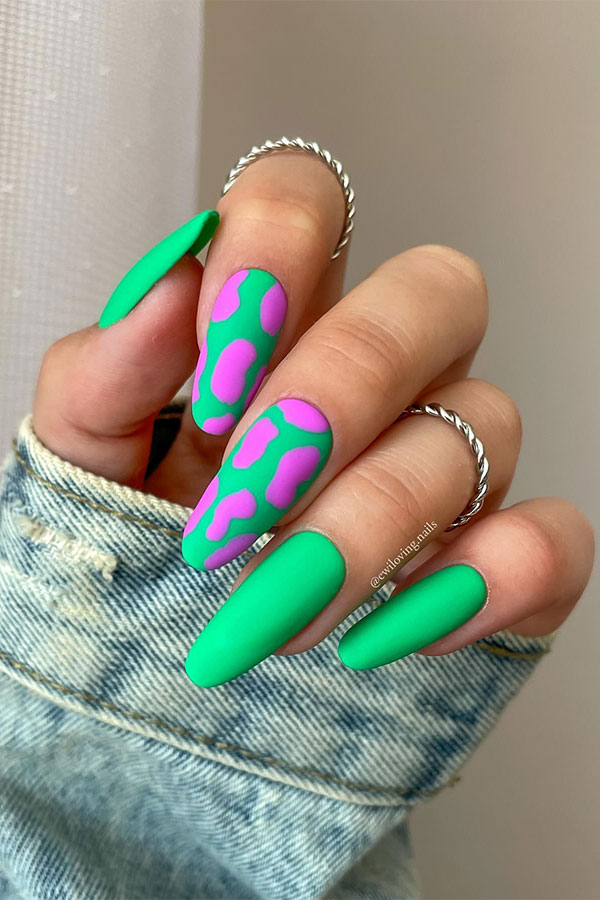 Long Matte Light Green Nails with Cow Prints
