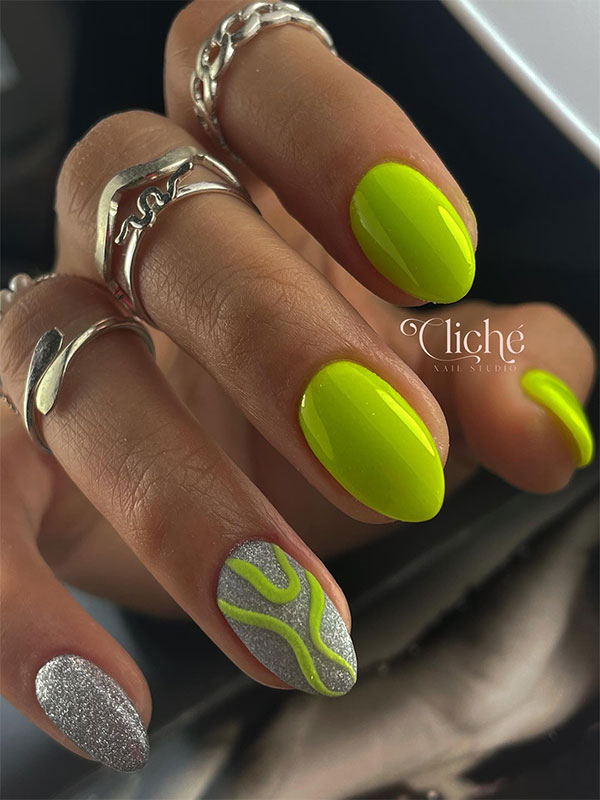 Short Lime Green Nails with Silver Glitter