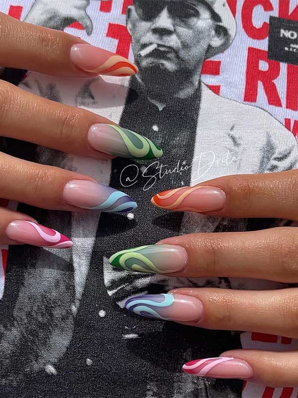 long almond Multicolored ombre summer nails with swirl nail art