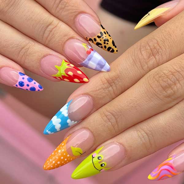 long almond fun French tip nails with different summer nail designs