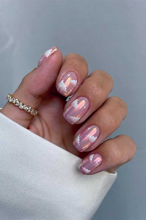 Chrome nude pink summer short nails with white cloud nail art design