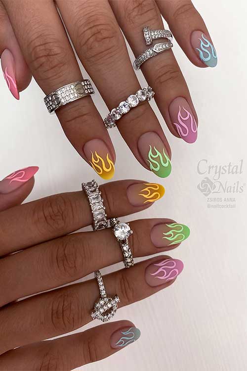 Short almond shaped matte colorful French ombre flame nails