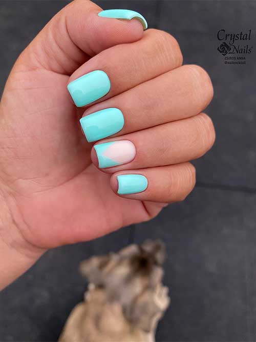 Simple turquoise summer short nails with an accent V French tip nail