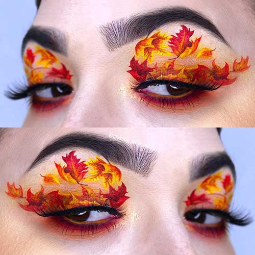 Burnt orange and yellow maple leaves fall makeup look