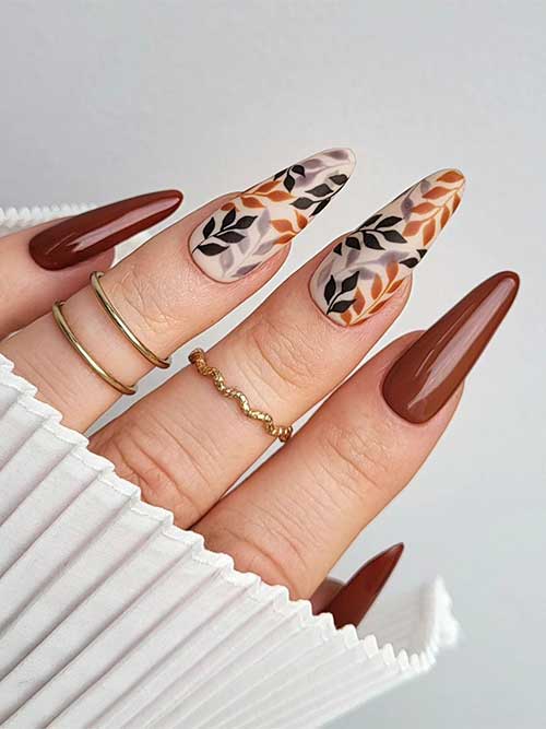 Glossy Brown Nails with Autumn Leaves on Two Accent Matte Nude Nails