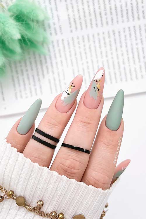 Long almond matte sage green September nails with abstract nail art on nude accent nails