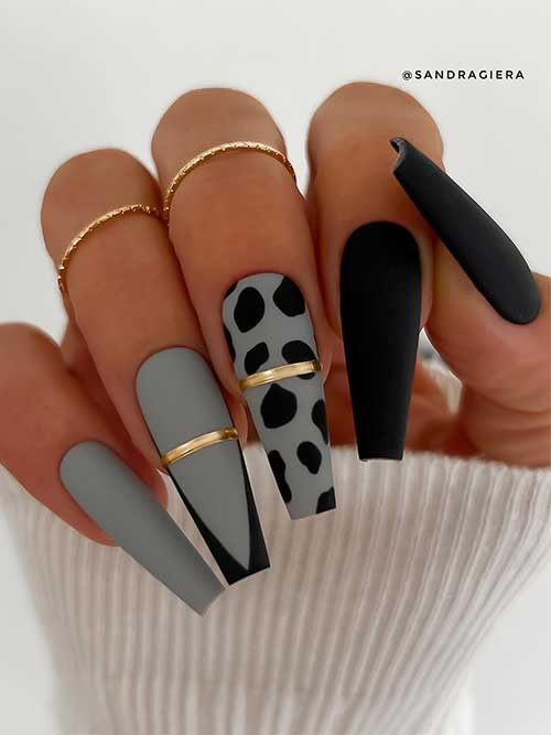 Long coffin matte grey and black nails with cow print nail art and French tip on two accents adorned with a gold stripe in the center.