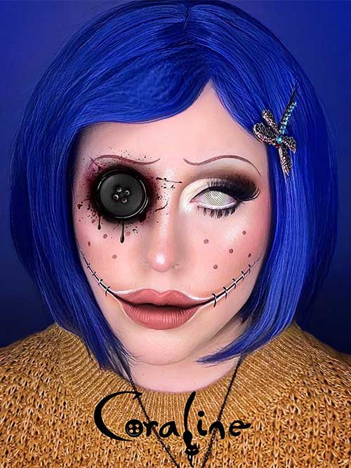 Coraline makeup with a black button on the eye and a white button eye contact on the other eye, and matte nude lips