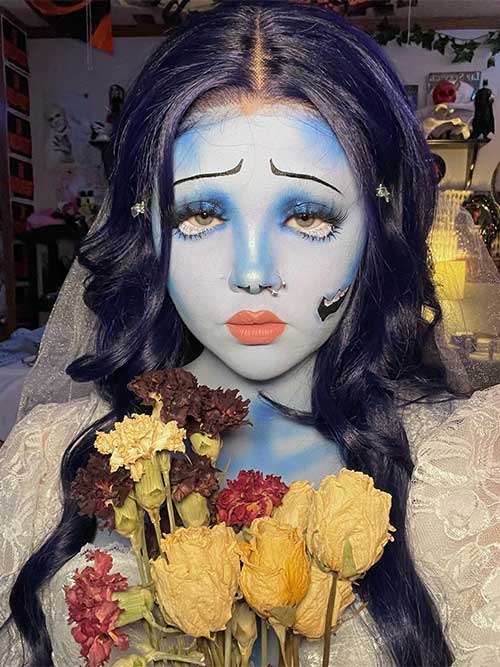 Emily from Corpse Bride makeup with a white wedding dress