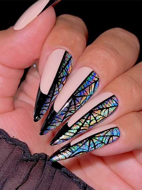 Long black Halloween nails featuring a half French design and spider web patterns over a holographic base color.