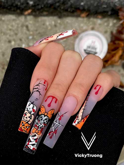 Long square clear nails featuring blood drip art, evil pumpkin faces, cobwebs, and stitched French tips for a spooky look.