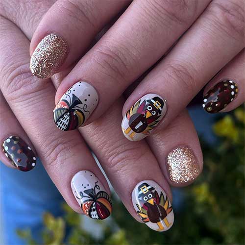 Short Thanksgiving nails feature turkey nail art, pumpkins, and polka dots in different colors and a gold glitter accent nail