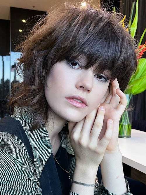 Short brunette shaggy hairstyle for thick wavy hair that is one of the ideal short shag haircuts
