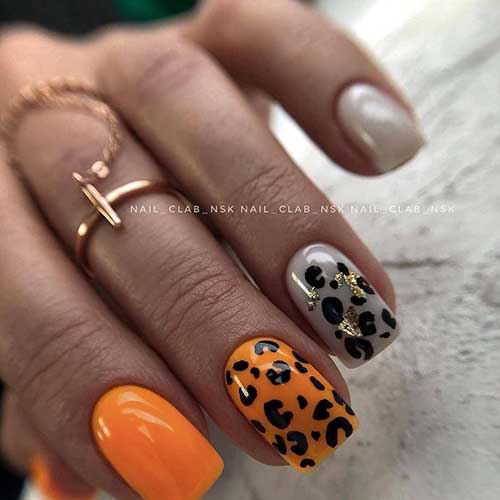 Short orange and light gray nails adorned with black leopard prints on two accent nails one of them adorned with gold foil