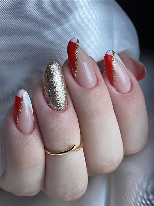 White and red two-toned festive French manicure adorned with gold glitter and a gold glitter accent nail