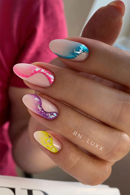 Creative bold multicolored nails summer bright combine gradient style with wide swirl nail art designs with a touch of foil