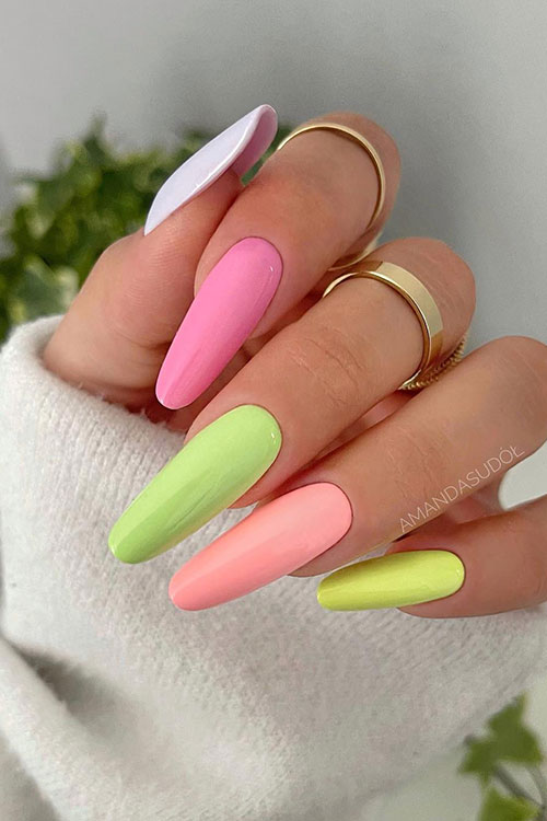 Long almond shaped neon multicolored nails