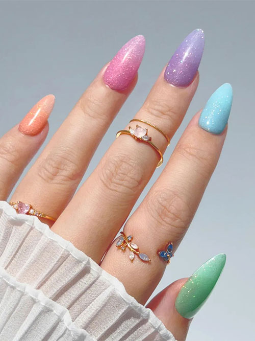 Long almond shaped sparkly Multicolored pastel nails