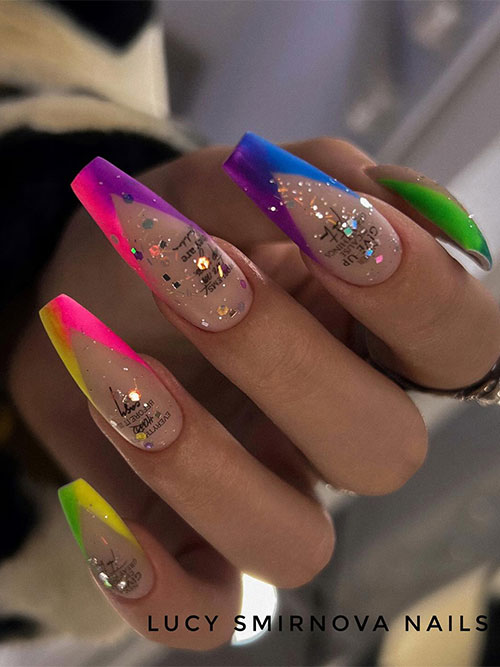 Long coffin-shaped vibrant matte multicolored double V French tip nails with glitter