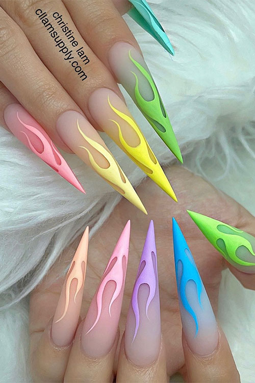 Long stiletto shaped matte ombre multicolored flame nails