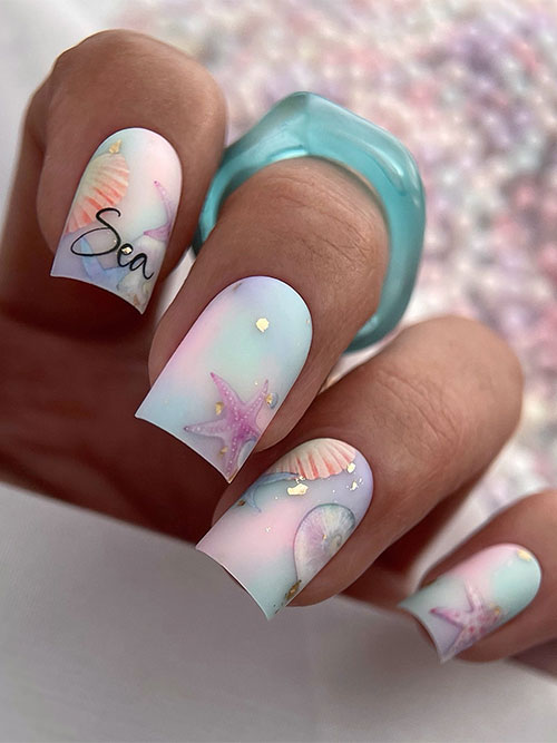 Medium square-shaped soft matte pastel multicolored ombre nails adorned with seashell and sea star nail art designs