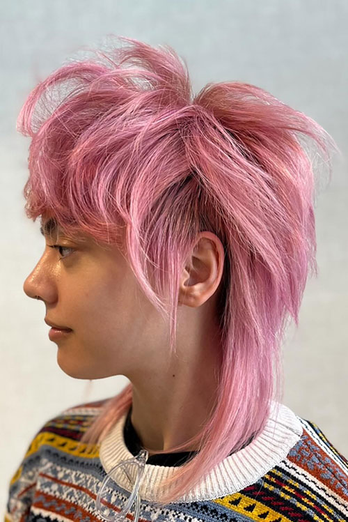 Pink medium shag mullet haircut