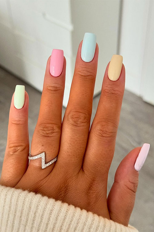 Short square shaped multicolored pastel nails