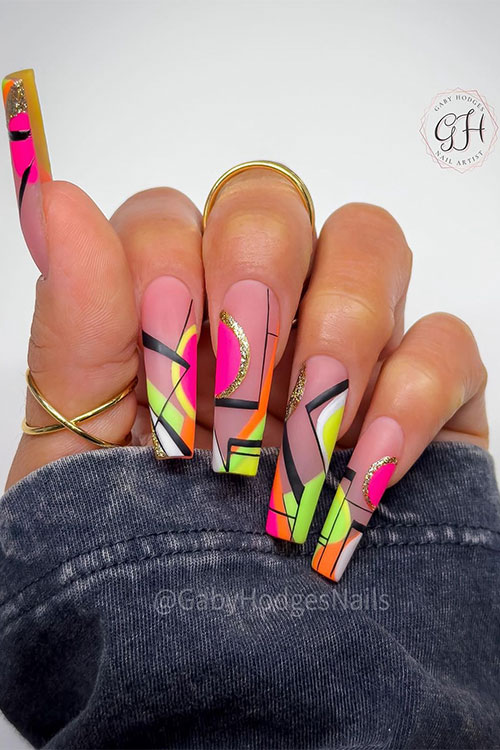 Long coffin-shaped multicolored neon abstract nails over a nude pink base color