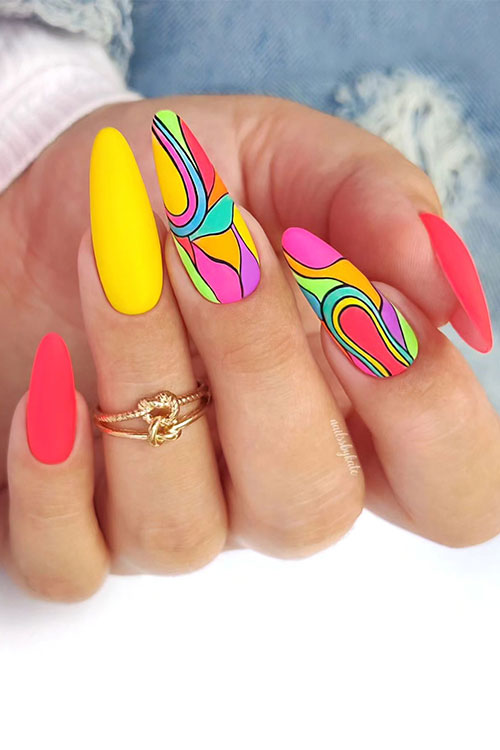 Matte red and yellow neon nails adorned with two abstract multicolored nails