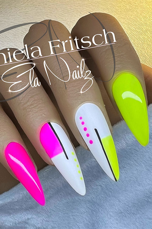 Neon pink and yellow nails with two white base color accents adorned with neon pink, yellow, and black geometrical nail art